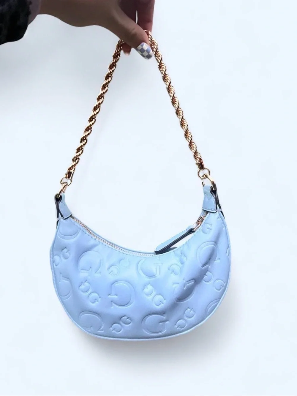 GUESS Light Blue Embossed Chain-Handle Shoulder Bag